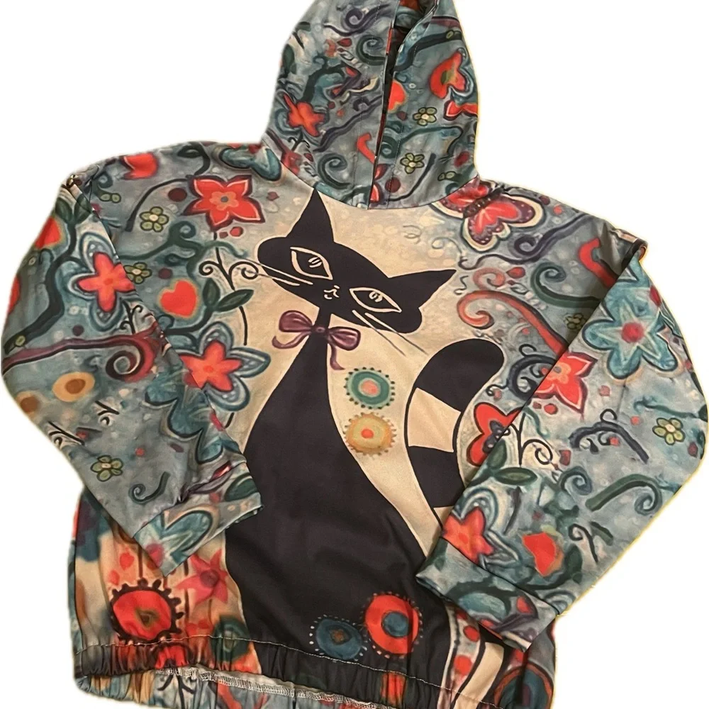 NWOT Multi Color, Wearable Art, Cool Cat Hooded Floral Sweatshirt. Women Sm - Picture 2 of 4